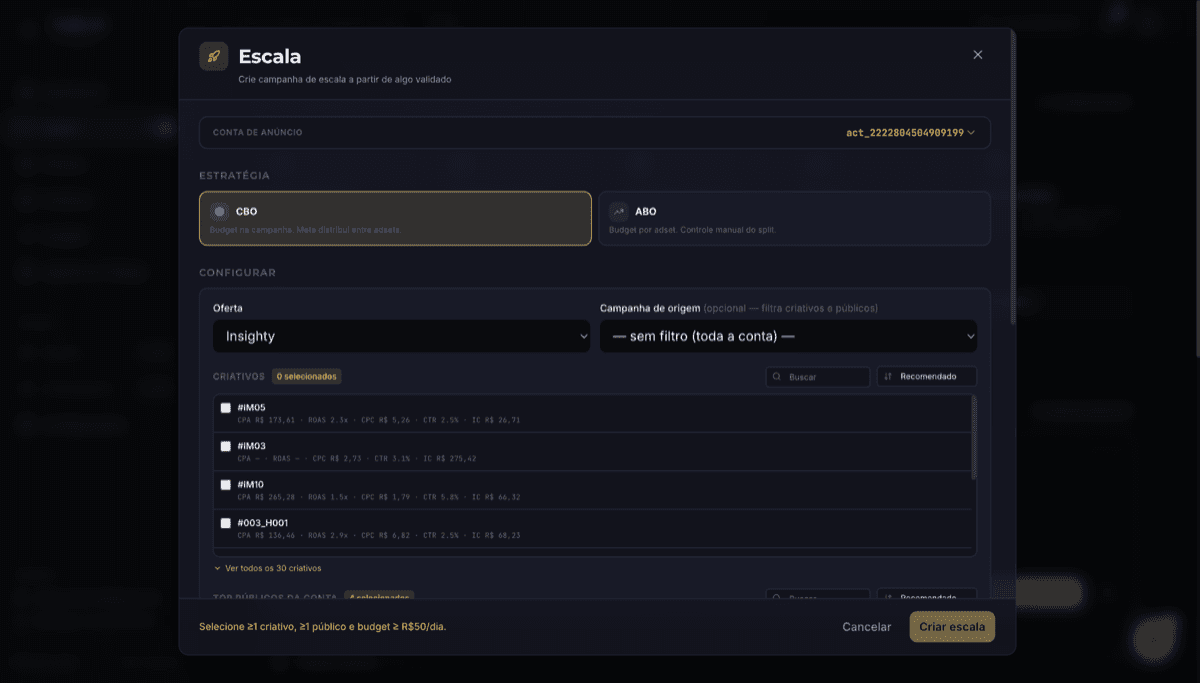 Criação de campanha de escala no Traffic AI